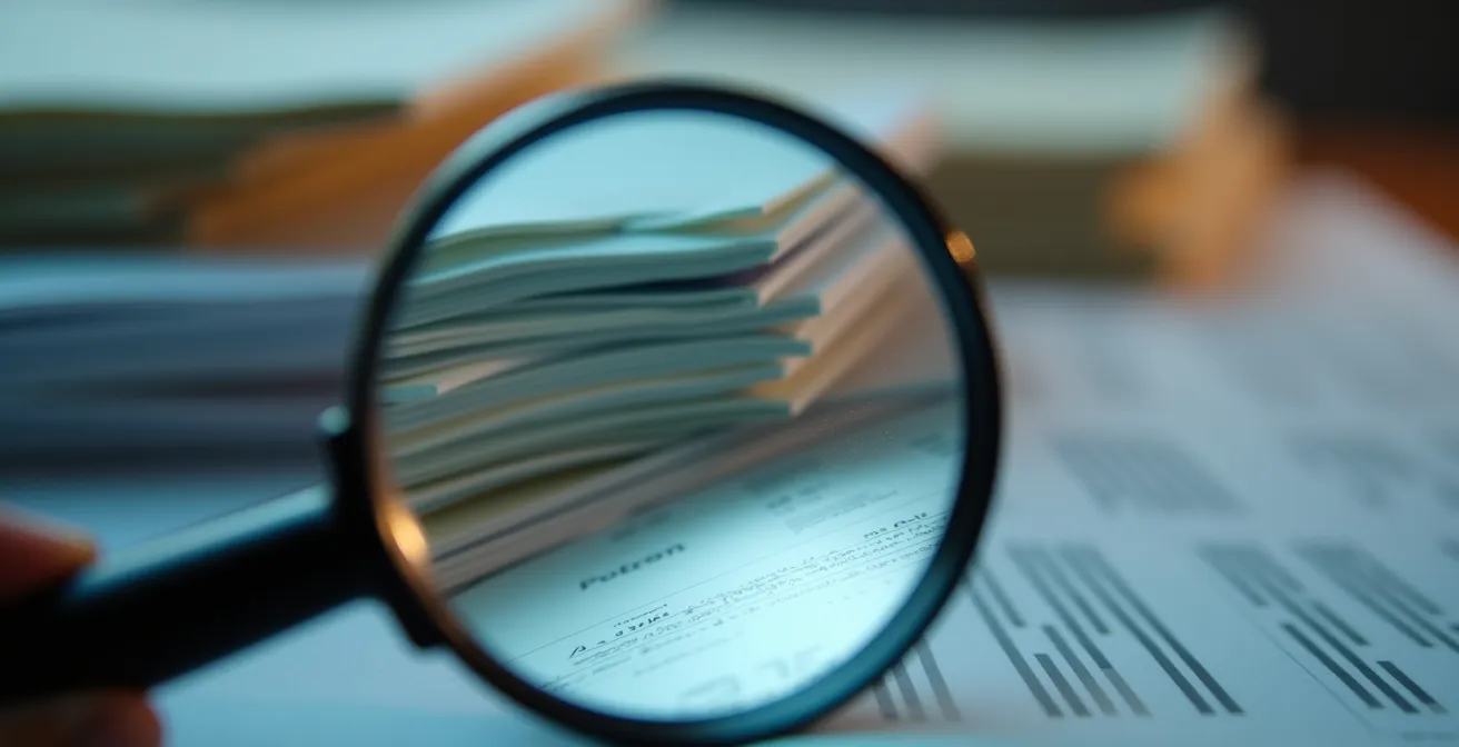 Gros plan d'une loupe examinant des documents floutés en arrière-plan