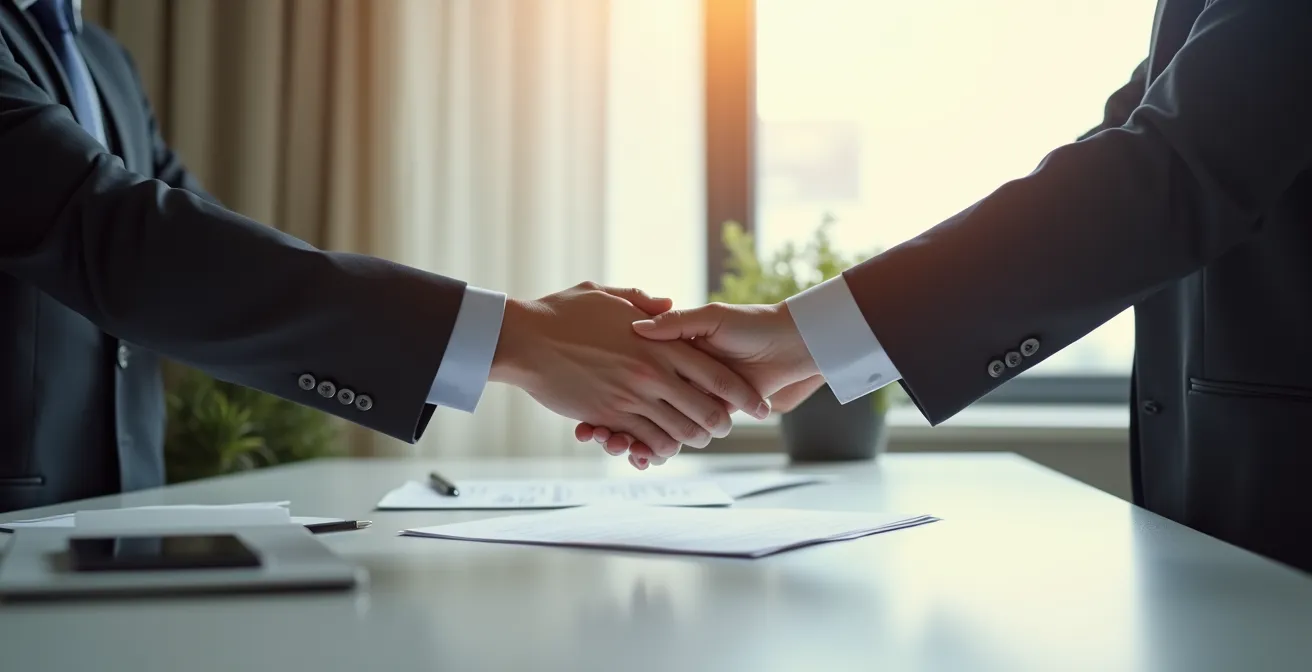 Mains d'avocat et de client échangeant des documents dans un environnement épuré