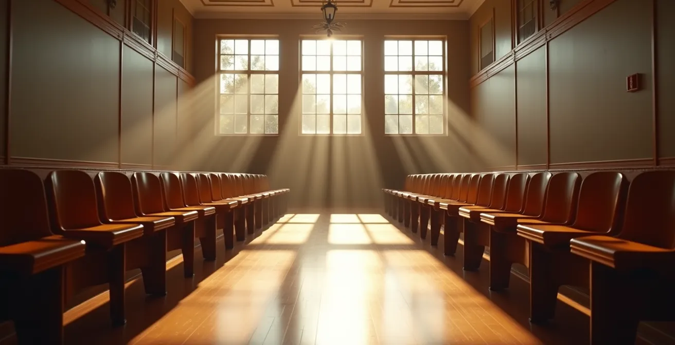 Vue en perspective d'une salle d'audience vide avec lumière naturelle