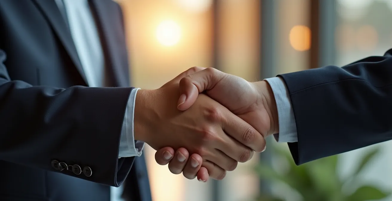 Poignée de main professionnelle entre avocat et client dans un environnement juridique