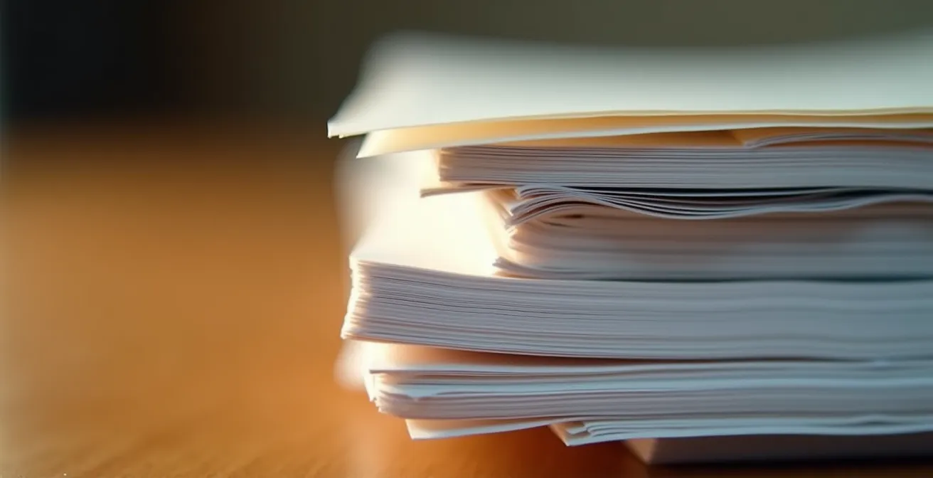 Vue macro de documents juridiques organisés avec soin sur un bureau en bois