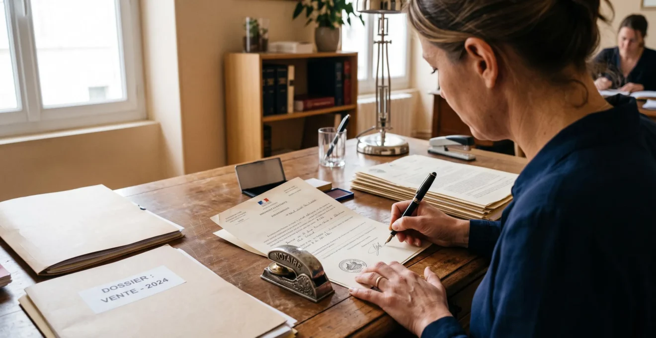 Une assistante notariale appose le sceau sur un acte notarié à son bureau.