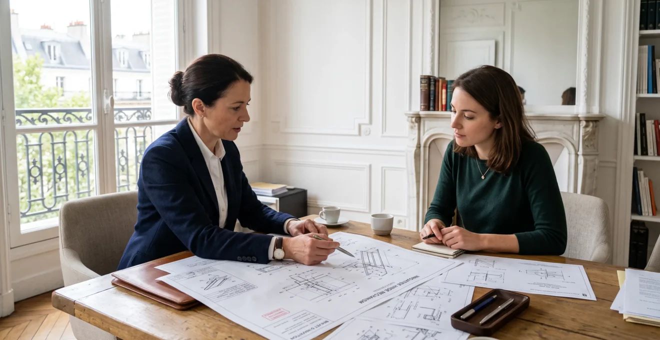 Un conseil en propriété industrielle explique un dossier technique à son client.