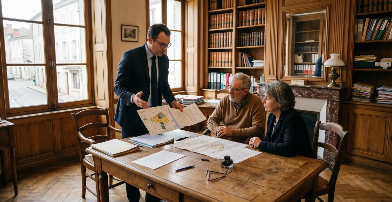 Un notaire présente des documents à un couple dans un cabinet notarial français.