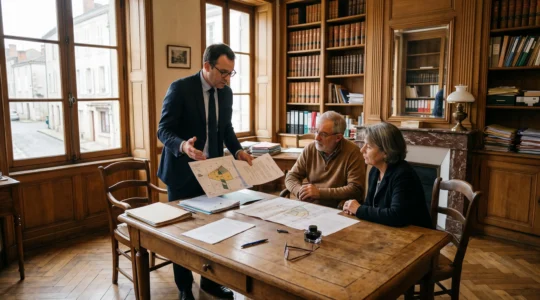Un notaire présente des documents à un couple dans un cabinet notarial français.