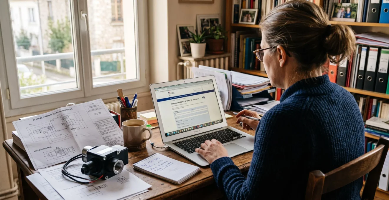 Une personne remplit un formulaire administratif sur ordinateur portable à son bureau.
